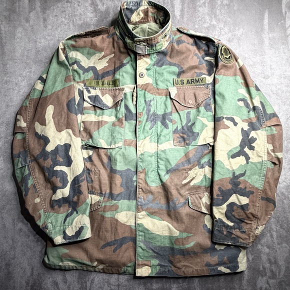 Vintage US Army M-65 Field Coat Woodland Camo Jacket Large Long Winfield